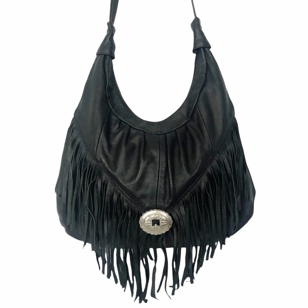 Vintage Black Leather Fringed Hobo with Silver Concho - Picture 2 of 7